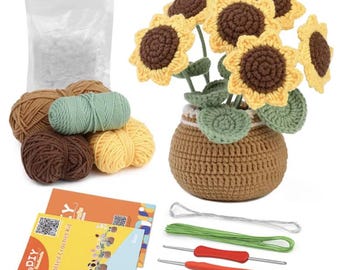 Op de afbeelding: DIY haakpakket om een ​​gepotte zonnebloemboeket te maken. De set bevat garen in bruin, groen en geel, een haaknaald en instructies.
