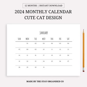 2024 Monthly Calendar - Cute Cat Design, Landscape, Printable Calendar Template, Minimalist Calendar, Year Calendar