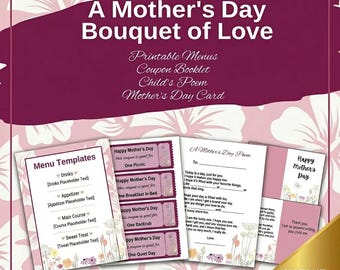 印刷可能な母の日ギフトセット – カード、詩、メニュー、クーポン（デジタルダウンロード）