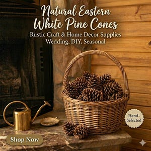 May include: A wicker basket filled with natural Eastern White Pine Cones. The basket sits on a stone surface next to a gold watering can and a leaf-shaped dish. Text on the image reads "Rustic Craft & Home Decor Supplies".