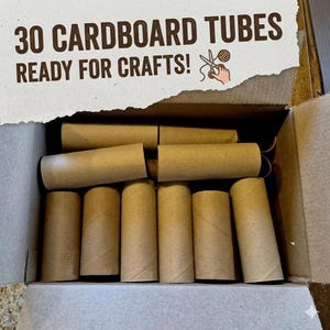 May include: A cardboard box filled with 30 brown cardboard tubes. The text on the box reads "30 CARDBOARD TUBES READY FOR CRAFTS!" with a graphic of scissors and yarn.