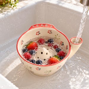 Puede incluir: Un cuenco de cerámica color crema para bayas con borde rojo y motivos florales pintados a mano. El cuenco cuenta con un cono central perforado para drenar y un pico lateral, lleno de agua, fresas frescas y arándanos.