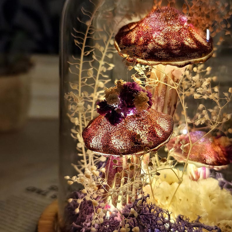 Puede incluir: Una campana de cristal decorativa con esculturas de hongos iluminados, texturizados y de color burdeos. Los hongos est&aacute;n adornados con peque&ntilde;os acentos florales coloridos y rodeados de plantas secas y follaje p&uacute;rpura. La base es un disco de madera.