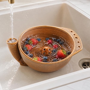 Op de afbeelding: Een beige keramische bessenvergietkom met een tuit aan de zijkant en een centrale geperforeerde koepel, gevuld met water, verse rode aardbeien en donkerblauwe bosbessen, terwijl water uit een kraan in de tuit stroomt om fruit te spoelen.