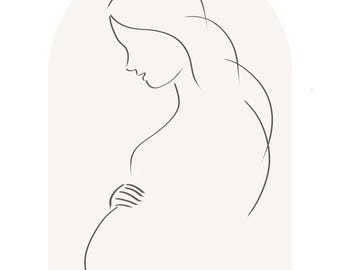 May include: Line drawing of a pregnant person with long hair, in a minimalist style, against a light gray background.