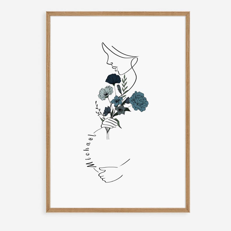 May include: Line art illustration of a pregnant woman holding a bouquet of blue flowers. The word "Michael" is written on her belly.