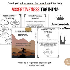 Può includere: Una raccolta di materiali di Assertiveness Training. Il testo include "Sviluppare la fiducia e comunicare efficacemente" e "Menti assertive, vite potenziate". I materiali sono realizzati da uno psicologo registrato e includono 17 pagine.