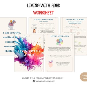 Può includere: Una raccolta di fogli di lavoro intitolati "Vivere con l'ADHD". La copertina presenta uno spruzzo di acquerello colorato con il testo "Vivere con l'ADHD". Altre pagine descrivono tipi, sfide e punti di forza associati all'ADHD. È visibile anche il testo "Sono creativo, resiliente, capace, superare, sfida".