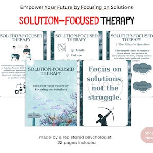 Könnte beinhalten: Eine Sammlung von Karten und ein Büchlein mit dem Titel "SOLUTION-FOCUSED THERAPY". Die Karten zeigen Text und Illustrationen zu Therapiekonzepten. Das Büchlein-Cover zeigt den Titel und den Satz "Empower Your Future by Focusing on Solutions."