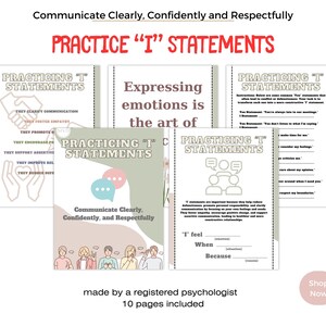 Könnte beinhalten: Ein Satz druckbarer Arbeitsblätter mit dem Titel "Üben Sie 'Ich'-Aussagen" mit dem Text "Klar, selbstbewusst und respektvoll kommunizieren". Die Arbeitsblätter sollen bei Kommunikationsfähigkeiten helfen.