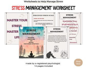 May include: A collection of stress management worksheets. The title "STRESS MANAGEMENT WORKSHEET" is displayed in bold, black letters. The worksheets cover topics like relationship stress and health-related stress. The image includes the text "Recognize, Understand, and Manage Your Stress Effectively."