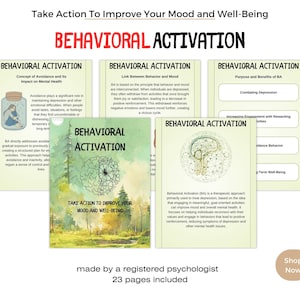May include: A collection of informational cards titled "Behavioral Activation" with text about improving mood and well-being. The cards feature illustrations and text, including the phrase "Take Action To Improve Your Mood and Well-Being."
