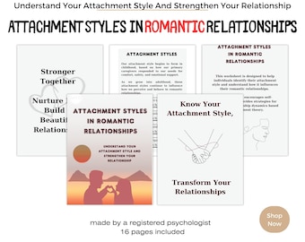 Può includere: Una raccolta di fogli di lavoro intitolati "Stili di attaccamento nelle relazioni romantiche". La copertina presenta sagome di una coppia che forma un cuore. Il testo include "Comprendi il tuo stile di attaccamento e rafforza la tua relazione."