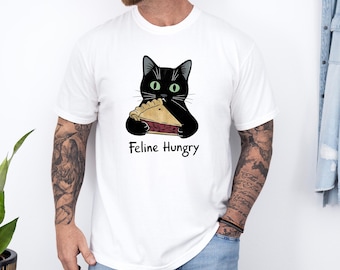 Cat Vintage T-Shirt, Funny Pie Tee, Feline Hungry, White Unisex Comfort Colors T Shirt
