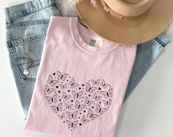 T-shirt coeur amour papillon, t-shirt amoureux des animaux vintage, t-shirt couleurs confort