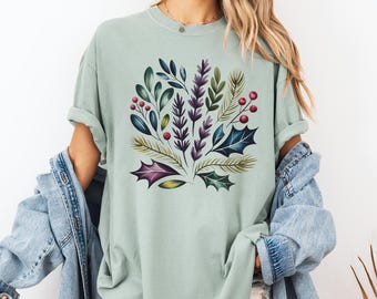 Camiseta con flores de lavanda, camiseta vintage con flores moradas, colores cómodos.