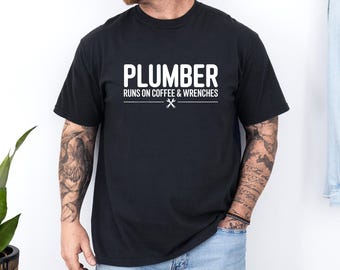 Plumber Funny T-Shirt, Unisex Black Tee, Runs On Coffee & Wrenches Tee, Vintage Comfort Colors T Shirt