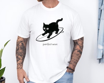 Camiseta vintage de gato, unisex, blanca, divertida, para surfistas, con ondas perfectas y colores cómodos.
