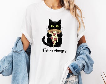 Camiseta vintage com estampa de gato, branca, unissex, divertida, com estampa de pizza, felino faminto, Comfort Colors.