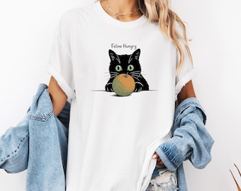 Cat Vintage T-Shirt, White Unisex Funny Orange Tee, Feline Hungry, Comfort Colors T Shirt