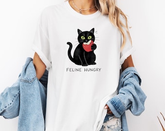 Cat Vintage T-Shirt, White Unisex Funny Apple Tee, Feline Hungry, Comfort Colors T Shirt
