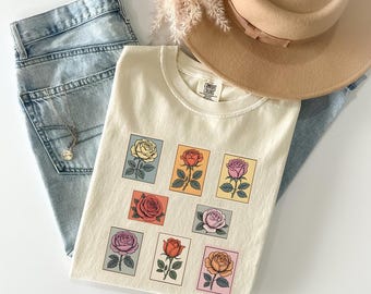 Rose Retro T-Shirt, Vintage Flower Stamp Tee, Comfort Colours T Shirt