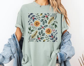 Camiseta con girasoles, camiseta vintage con flores amarillas, colores cómodos