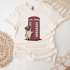 Pug Shirt For Dog Lover Red Phone Box T-Shirt For Her London Pug T Shirt Vintage Dog Top Retro UK Top
