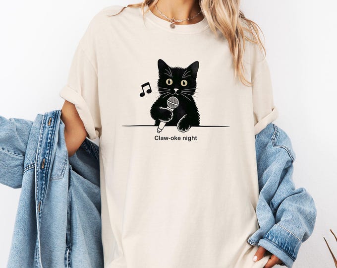 Cat Vintage T-Shirt, White Unisex Funny Music Tee, Karaoke Night, Comfort Colors T Shirt