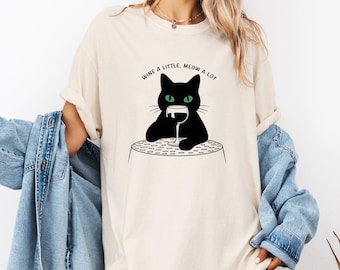 Maglietta vintage con gatto, maglietta bianca unisex divertente con scritta "Wine A Little", maglietta con colori confortevoli