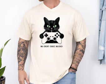 Cat Vintage T-Shirt, White Unisex Funny Hiking Tee, No Cheat Code Needed, Comfort Colors T Shirt