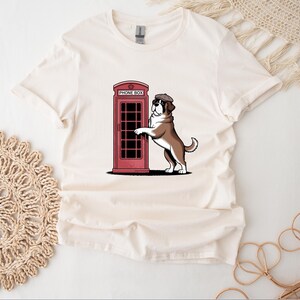St Bernard Shirt For Dog Lover Red Phone Box T-Shirt For Her London Saint Bernard T Shirt Vintage Dog Top Retro UK Top