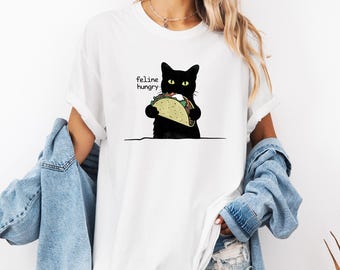 Cat Vintage T-Shirt, White Unisex Funny Taco Tee, Feline Hungry, Comfort Colors T Shirt