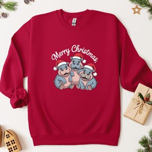 May include: A red sweatshirt featuring the text "Merry Christmas" above a graphic of three hippos wearing Santa hats. The hippos are blue and pink. The sweatshirt has long sleeves.