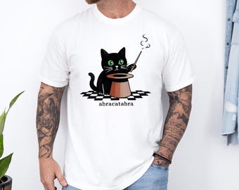 Katt Vintage T-shirt, Vit Unisex Rolig Magisk T-shirt, Komfortfärger T-shirt