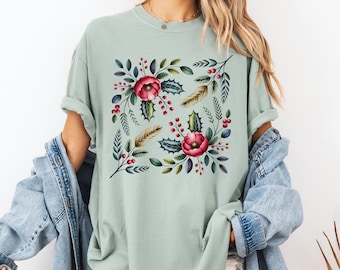 Maglietta con fiori di papavero, maglietta vintage con fiori rossi e colori comodi