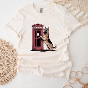 German Shepherd Shirt For Dog Lover Red Phone Box T-Shirt For Her London Dog T Shirt Vintage German Shepherd Top Retro UK Top
