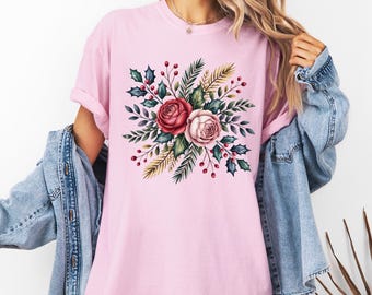 Rose Flower T-Shirt, Vintage Pink Floral Tee Comfort Colors T Shirt