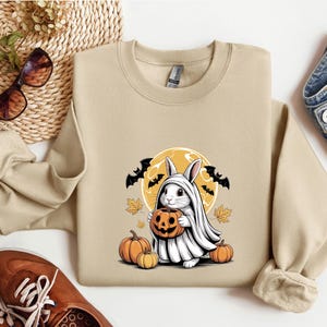 Maglione di Halloween con fantasma di coniglio: maglione autunnale retrò