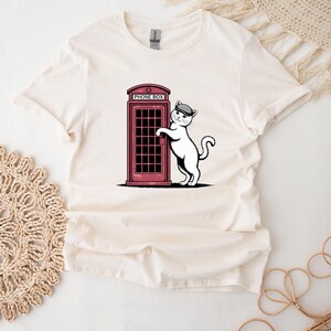 White Cat Shirt For Cat Lover Red Phone Box T-Shirt For Her London White Cat T Shirt Vintage Kitten Top Retro UK Top