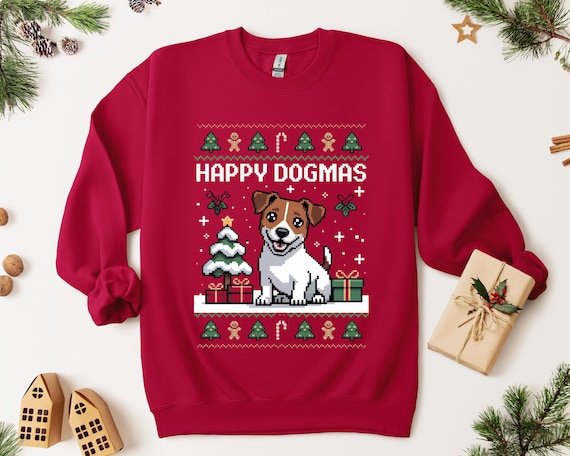 ジャックラッセルの赤いクリスマスセーター：メリードグマスファミリー