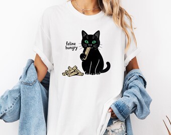 Katze Vintage T-Shirt, Weißes Unisex Chips T-Shirt, Feline Hungry, Comfort Colors T-Shirt