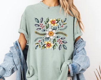 Daffodil Boho Floral T-Shirt, Vintage Flower Tee Comfort Colors T Shirt
