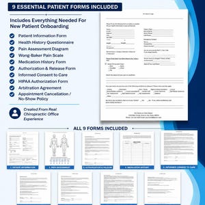 Ensemble de formulaires chiropratiques pour nouveaux patients | 9 Apports modifiables, HIPAA, formulaires de consentement (téléchargement numérique)