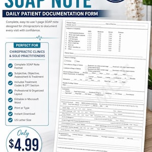 Könnte beinhalten: Ein professionelles chiropraktisches SOAP-Notizformular zur täglichen Patientendokumentation. Das Dokument enthält Abschnitte für subjektive Beschwerden, objektive Befunde, Beurteilung und durchgeführte Behandlungen mit CPT-Codes.