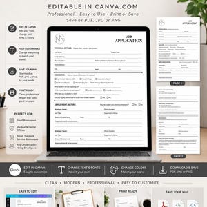 May include: A digital job application template displayed on a laptop screen, featuring sections for personal details, education, and employment history. The design includes clear headings, checkboxes, and lines for input, with additional page previews shown.