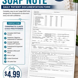 Peut inclure: Un formulaire de documentation quotidienne des patients, note SOAP chiropratique professionnelle. Le document comprend des sections pour les plaintes subjectives, les résultats objectifs, l'évaluation et le traitement, avec des champs pour le nom.