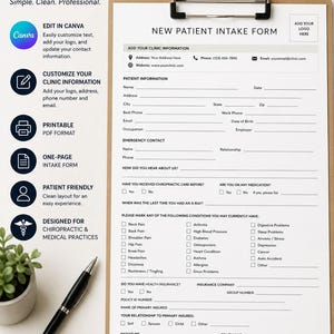 Peut inclure: Un formulaire d'admission pour nouveau patient sur un presse-papier avec un stylo noir. Le document comprend des sections pour les informations de la clinique, les détails du patient, les contacts d'urgence, les antécédents médicaux et l'assurance.
