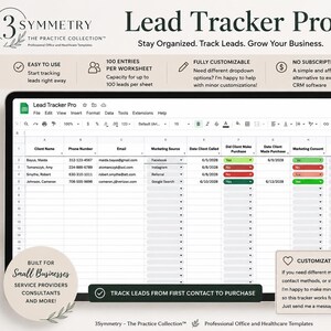Puede incluir: Una plantilla de hoja de cálculo digital Lead Tracker Pro para Google Sheets. La interfaz muestra columnas para nombres de clientes, datos de contacto, fuentes de marketing, importes de compra y estados con celdas codificadas por colores.
