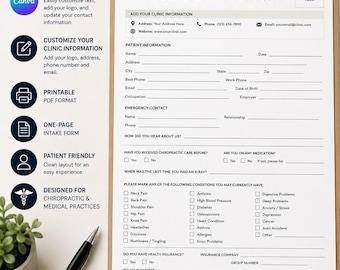 Modulo di anamnesi per nuovi pazienti di chiropratica / Modificabile in Canva / PDF stampabile / Modulo di anamnesi medica / Modello di registrazione del paziente